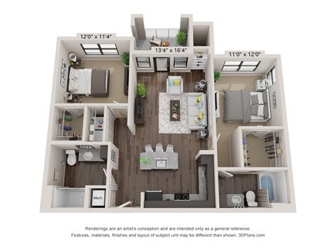 Floor plan for 2 beds, 2 baths, 1016 sqft